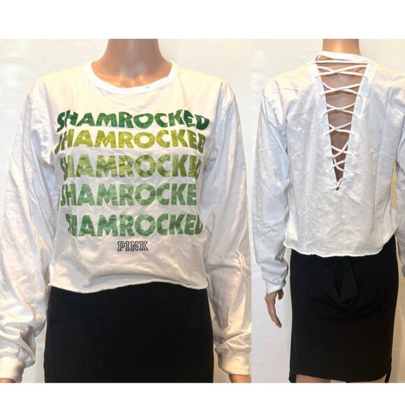 VS Pink Shamrocked glitter graphic lattice caged back tee TLS1 2850 - Picture 15 of 15